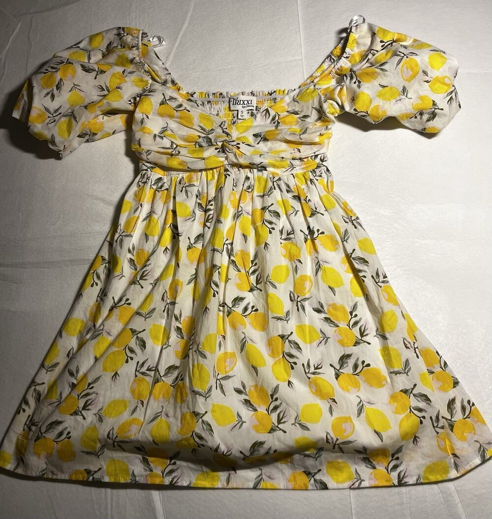 Trixxi Los Angeles Lemon Print Mini Dress Women’s Small Puff Sleeve Cottagecore